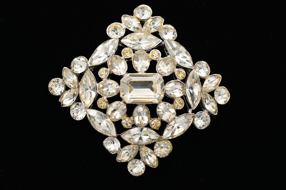 Coro Vintage Crystal Brooch Pin Baguette Rhinestone Heavy Sparkling Signed BinF